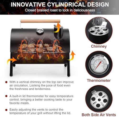 Joyfair Portable Charcoal Grill with Thermometer, Small BBQ Camping Grills