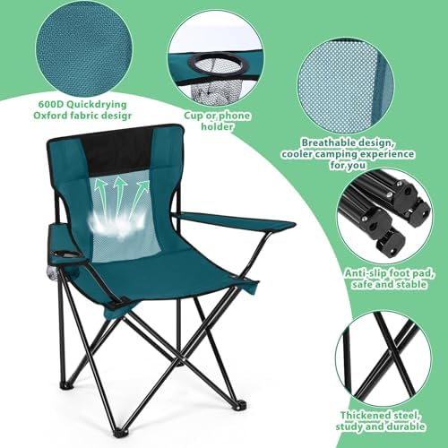Shellwei 2 PCS Folding Camping Chair with Cupholder and Carry Bag Regular Size Colorful Breathable Portable Lightweight Lawn Chair with Side Pocket for Fishing Hiking Beach Outdoor Activity