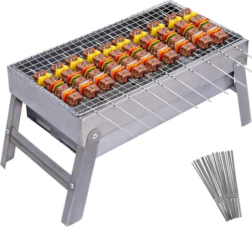 Portable Charcoal Grills With 40Pcs 14" Long Kabob Skewers, Heavy Duty Small Tabletop BBQ Grill, Easy to Carry Outdoor Camping Grill for Tailgating Backpacking Hiking Picnic Hiking Cooking