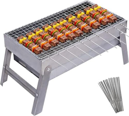 Portable Charcoal Grills With 40Pcs 14" Long Kabob Skewers, Heavy Duty Small Tabletop BBQ Grill, Easy to Carry Outdoor Camping Grill for Tailgating Backpacking Hiking Picnic Hiking Cooking