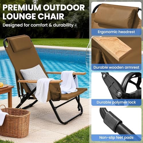 2 Pack Premium 5-Position Reclining Camping Chair - Portable Folding Lightweight Outdoor Chair with Wooden Armrests, Headrest & Pockets, 350lbs Heavy Duty for Beach, Patio, Backyard, Brown