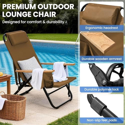 2 Pack Premium 5-Position Reclining Camping Chair - Portable Folding Lightweight Outdoor Chair with Wooden Armrests, Headrest & Pockets, 350lbs Heavy Duty for Beach, Patio, Backyard, Brown
