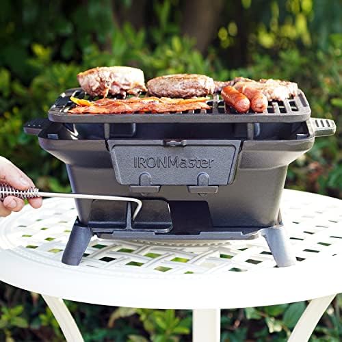 IronMaster Hibachi Grill Outdoor, Small Portable Charcoal Grill, Pre-Seasoned Cast Iron, Japanese Yakitori Camping Grill - 2 Heights, Air Control, Coal Door, Ideal for 2 People