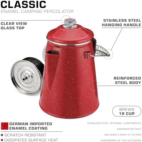 COLETTI Classic Percolator Coffee Pot — The Most Nostalgic Camping Coffee Pot, Now Modernized [Red Enamel, 18 Cup]
