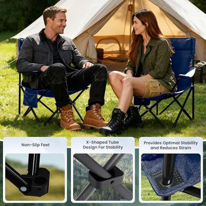 Portable Camping Chair 2 Pack, Folding Outdoor Chair with Cup Holder & Side Pocket for Camping, Hiking, Picnic, Beach (Navy Blue)