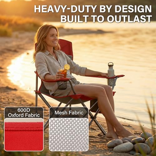 2 Pack Camping Chairs for Adults,Oversized Mesh Back Lawn Chair with Cup Holder, Side Pocket&Bag for Outdoor,Beach,Picnic,Fishing,and Sports,Breathable,Heavy Duty,Red