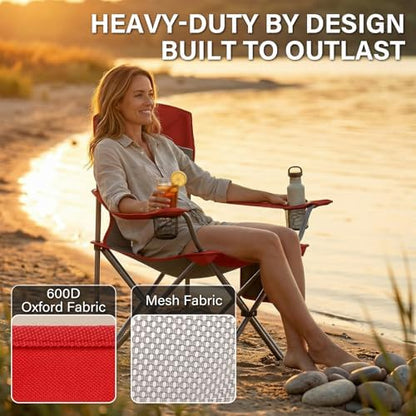 2 Pack Camping Chairs for Adults,Oversized Mesh Back Lawn Chair with Cup Holder, Side Pocket&Bag for Outdoor,Beach,Picnic,Fishing,and Sports,Breathable,Heavy Duty,Red