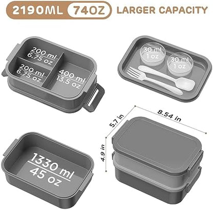 DaCool Adults Lunchbox Bento Box - 74 OZ All-in-One Stackable Lunch Box for Adults Men Women Teens Leakproof Bento Large Lunch Box Containers with Fork Spoon Sauce Box for Dining Out Work School,Grey