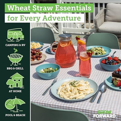 Grow Forward 16-piece Premium Wheat Straw Dinnerware Sets for 4 - Unbreakable Dishwasher & Microwave Safe Plastic Plates and Bowls Sets - Patio, Outdoors, RV, Camping Dishes - Seascape