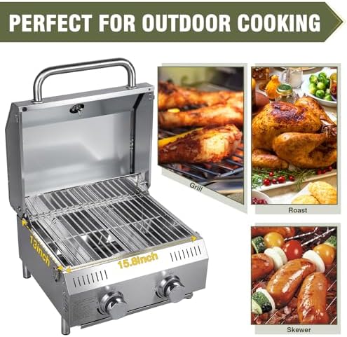 Bestfire Tabletop Gas Grill 2 Burners, 20,000 BTUs Stainless Steel Portable Propane Grill with Legs for Outdoor Patio Backyard Camping, Tailgating, and RV Trips
