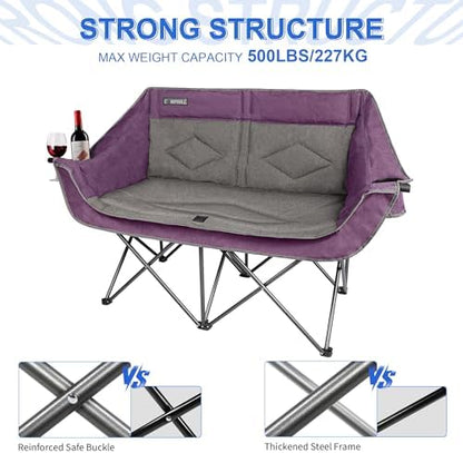 Oversized Double Camping Chair-Heavy Duty 2 Person Folding Loveseat Camp Couch for Adults,Portable Outdoor Lawn Chairs with Padded Seat for Fishing,Sports and Patio,Supports 500 LBS,Purple