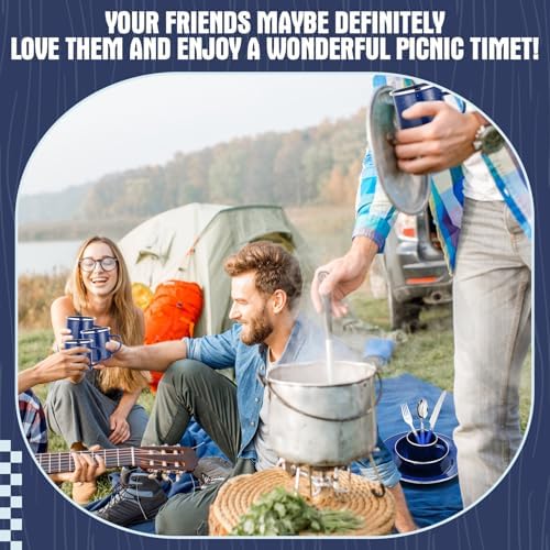LemonRoad 9 Pcs Camping Enamel Plates Cups and Bowls Set Camping Mess Kit, Enamel Bowl Mug Plate Knife Fork Dishwashing Sponge Utensil Bags Storage Straps Lightweight Tableware for Backpacking Hiking