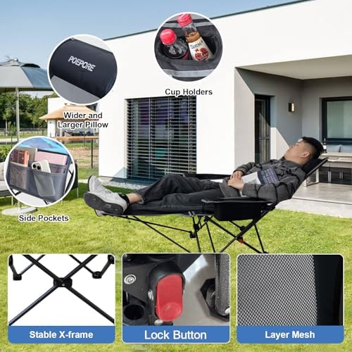 2-Pack Reclining Camping Chair 4 Position with Foot Rest Comfortable for Adults 265Ibs Folding Lounger Mesh Beach Chair with Cooler Bag and Cup Holder for Outdoor Patio