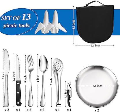 Camping Silverware Kit Cutlery Organizer Utensil Picnic Set Stainless Steel Plate Spoon Clip and Serrated Knife Wine Opener Fork Napkin Hiking - Camp Kitchen BBQ’s