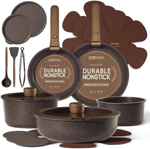 CAROTE 21pcs Pots and Pans Set Non Stick, Detachable Handle Cookware