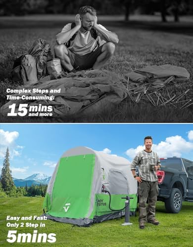 JOYTUTUS Inflatable Truck Bed Tent 5.5-6.5FT with Awning, Includes Air Pump for Quick 30S Setup, Dual-use Pickup or Camping Tent for 2 Person, Truck Tent with Waterproof Roof Shade and 3 Windows