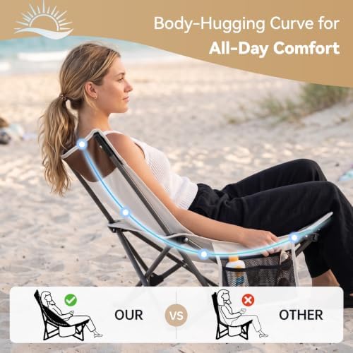 Compact Beach Chairs 2 Pack with 3-Position Lay Flat Low Portable Camping Chairs for Adults Folding Reclining Chairs for Beach, Lawn, Travel