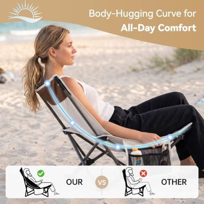 Compact Beach Chairs 2 Pack with 3-Position Lay Flat Low Portable Camping Chairs for Adults Folding Reclining Chairs for Beach, Lawn, Travel