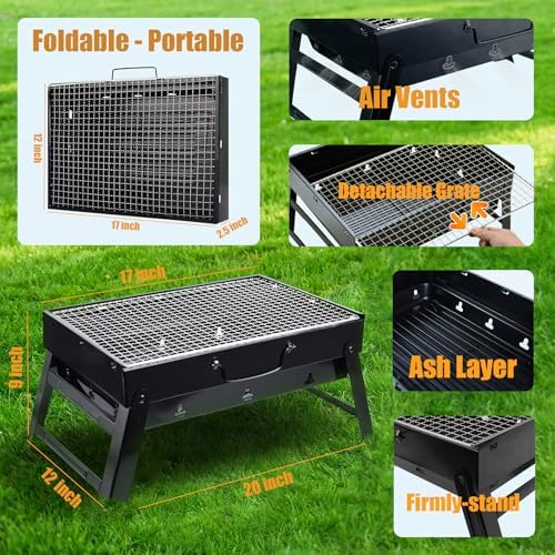 Portable Charcoal Grill for Camping Small Tabletop BBQ Grill for Picnic Trip Foldable Lightweight Barbeque Grill Set Including Tongs Gloves Scrubber (17''x12'')