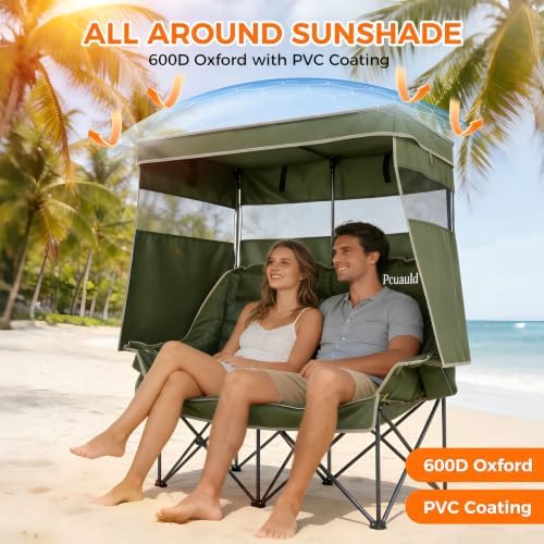Double Camping Chair with Canopy Heavy Duty 2 Person Folding Loveseat Beach Chair with Shade High Back Oversized Outdoor Camping Couch with Cup Holders & Wine Racks for Lawn, Sports, Green