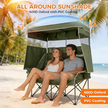 Double Camping Chair with Canopy Heavy Duty 2 Person Folding Loveseat Beach Chair with Shade High Back Oversized Outdoor Camping Couch with Cup Holders & Wine Racks for Lawn, Sports, Green