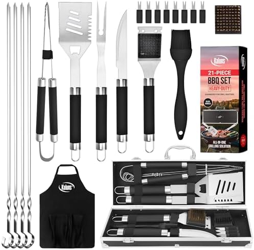 Kaluns Grilling Accessories, Dad Gifts for Fathers Day, Mothers Day Grilling Gifts, Heavy Duty Stainless Steel BBQ Tool Set for Outdoor Grill with Aluminum Case and Apron, Birthday Gifts for Men