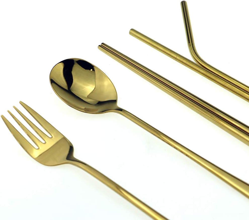7 Pcs Portable Flatware Set, 304 Stainless Steel Cutlery Set Travel Utensils Set w/Pouch Fork Spoon Chopsticks Straws for Travel Camping Office School, Dishwasher Safe & Eco-Friendly (Gold)