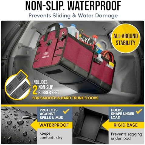 Car Trunk Organizer - Collapsible, Foldable - with Covering Net, Removable Dividers, Attachable Non-Slip Pads, Mounting Straps, and Stainless Hooks - for SUV, Truck, Sedan, Minivan, and Van - Cherry