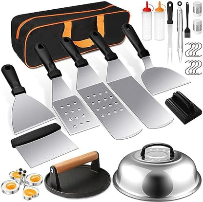 Griddle Accessories Kit, Terlulu 29 PCS Flat Top Grill Accessories for Blackstone and Camp Chef, Metal Spatula Set with Burger Press, Melting Dome, Scraper, Tongs, Carry Bag for Outdoor Grilling BBQ