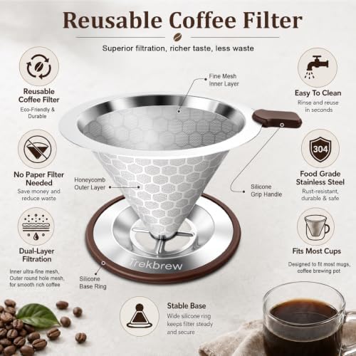 Pour Over Coffee Dripper, Stainless Steel Coffee Filter 600 Mesh Ultra-Fine,Paperless Reusable Coffee Filter,1-2 Cup Portable Single Serve Coffee Maker for Home Office Travel