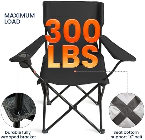 Portable Camping Chair 2 Pack, Folding Outdoor Chair with Cup Holder & Side Pocket for Camping, Hiking, Picnic, Beach (Black, 2 Pack)