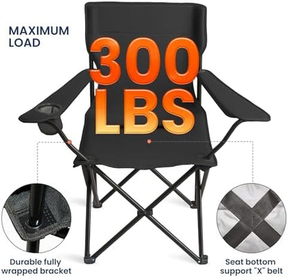 Portable Camping Chair 2 Pack, Folding Outdoor Chair with Cup Holder & Side Pocket for Camping, Hiking, Picnic, Beach (Black, 2 Pack)