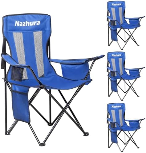Nazhura 4 Pack Outdoor Camping Chairs Folding/Foldable/Portable with Cooler Pouch, Mesh Backrest and Cup Holder Pocket (Blue, Metal, 4 Pack)