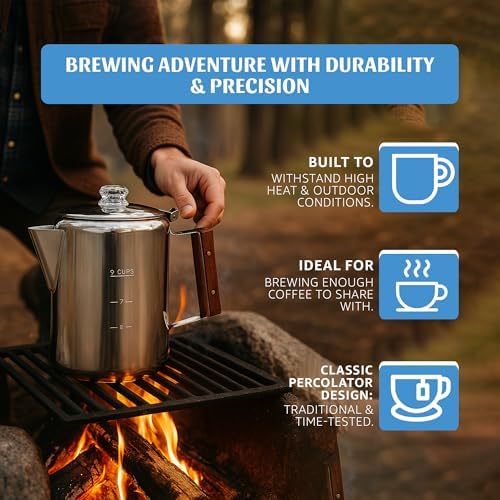 Toughty Yosemite Stovetop Coffee Percolator, 9 Cup, Silver