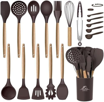 MIBOTE Silicone Cooking Kitchen Utensils Set, Wooden Handle, Coffee