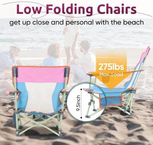HaSteeL Low Beach Chairs, 2Pcs Folding Camping Lawn Chairs - Colorful