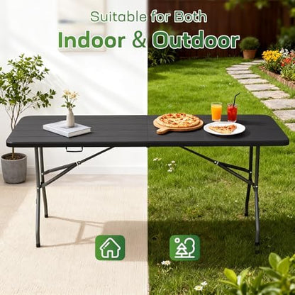FDW | 6FT Folding Table | Black Wood Grain | Portable Plastic Table