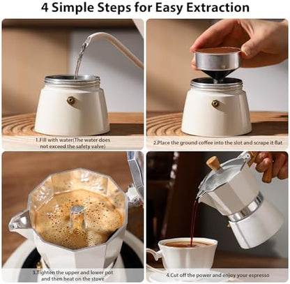 Bincoo Espresso Maker Stovetop,Camping Moka Pot 2 Cup/120ML,Stove Top Espresso Italian Coffee Maker,Easy to Use (White)