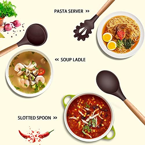 MIBOTE Silicone Cooking Kitchen Utensils Set, Wooden Handle, Coffee