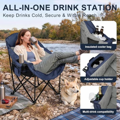 Oversized Camping Chairs for Adult - Heavy Duty Padded Portable Folding Chair XL Collapsible Camp Chair with Cup Holder Cooler Pockets for Outdoor Lawn Beach Sport Fishing Support 500LBS, Blue Grey