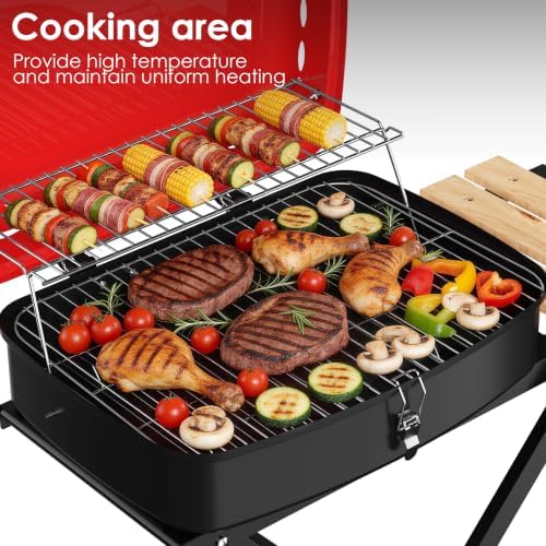 TEENO Charcoal Grill with Wheels | Folding BBQ Grill with Wooden Side Table & Bottom Storage Shelf | 2-in-1 Detachable Tabletop Smoker for Camping Picnic Patio Backyard | Portable Suitcase