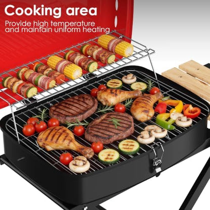 TEENO Charcoal Grill with Wheels | Folding BBQ Grill with Wooden Side Table & Bottom Storage Shelf | 2-in-1 Detachable Tabletop Smoker for Camping Picnic Patio Backyard | Portable Suitcase