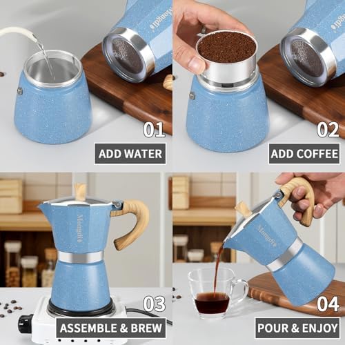 Mongdio Stovetop Espresso Maker Moka Pot, Cuban Coffee Maker Stove top coffee maker Moka Italian Espresso Greca Coffee Maker Brewer Percolator, 9 Espresso Cups, 15 oz - Blue