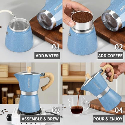 Mongdio Stovetop Espresso Maker Moka Pot, Cuban Coffee Maker Stove top coffee maker Moka Italian Espresso Greca Coffee Maker Brewer Percolator, 9 Espresso Cups, 15 oz - Blue