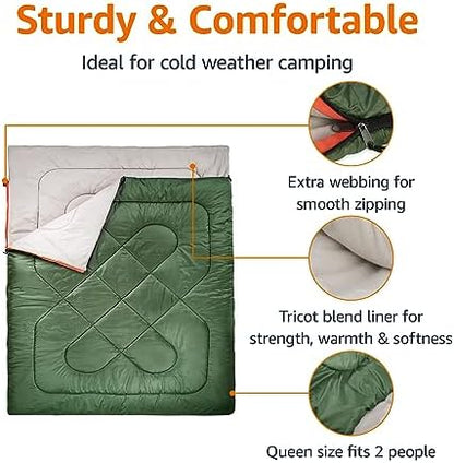 Amazon Basics Double Sleeping Bag for Adults, 40°F Cold Weather Two-Person Camping Bag, Queen Size 87" x 59", Olive Green
