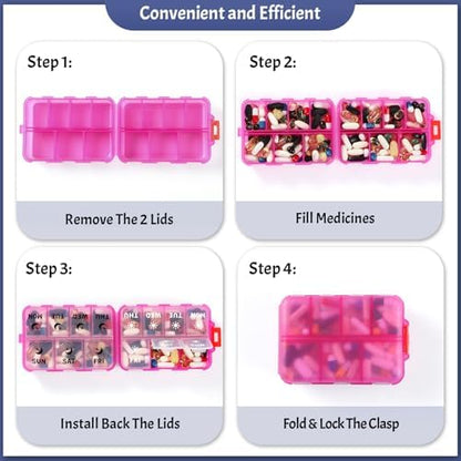 Foldable Portable 7 Day Pill Organizer 2 Times a Day, AM PM Weekly Pill Box