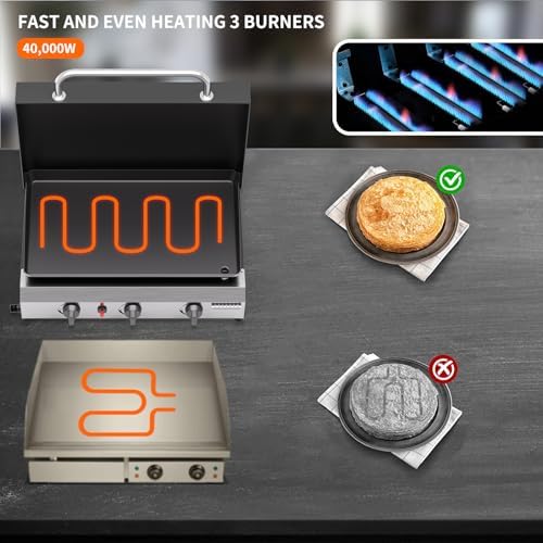 SKOK 3 Burners Outdoor Tabletop Gas Griddle with Hood, Flat Top Grill