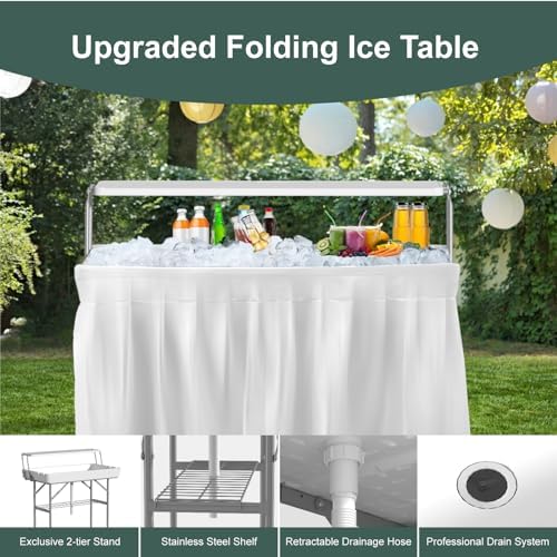 Ice Cooler Table with Drain, Two-Tier Plastic Folding Tables, with Removable Matching Skirt and Shelf, Indoor Outdoor Use for Party Camping Picnic Fishing Cleaning, 440 lbs Capacity