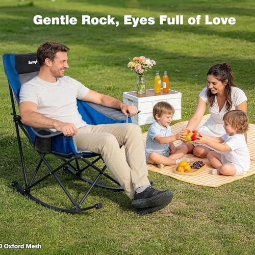 SUNNYFEEL Rocking Camping Chair Fully Padded Patio Folding Chair Portable Oversized Outdoor Rocker High Back Lawn Recliner with Side Pocket Camp Rocker Chairs for Adults Heavy Duty 500 LBS Blue
