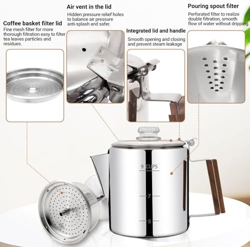 No Coating 9 Cup Percolator Coffee Pot 304 Stainless Steel